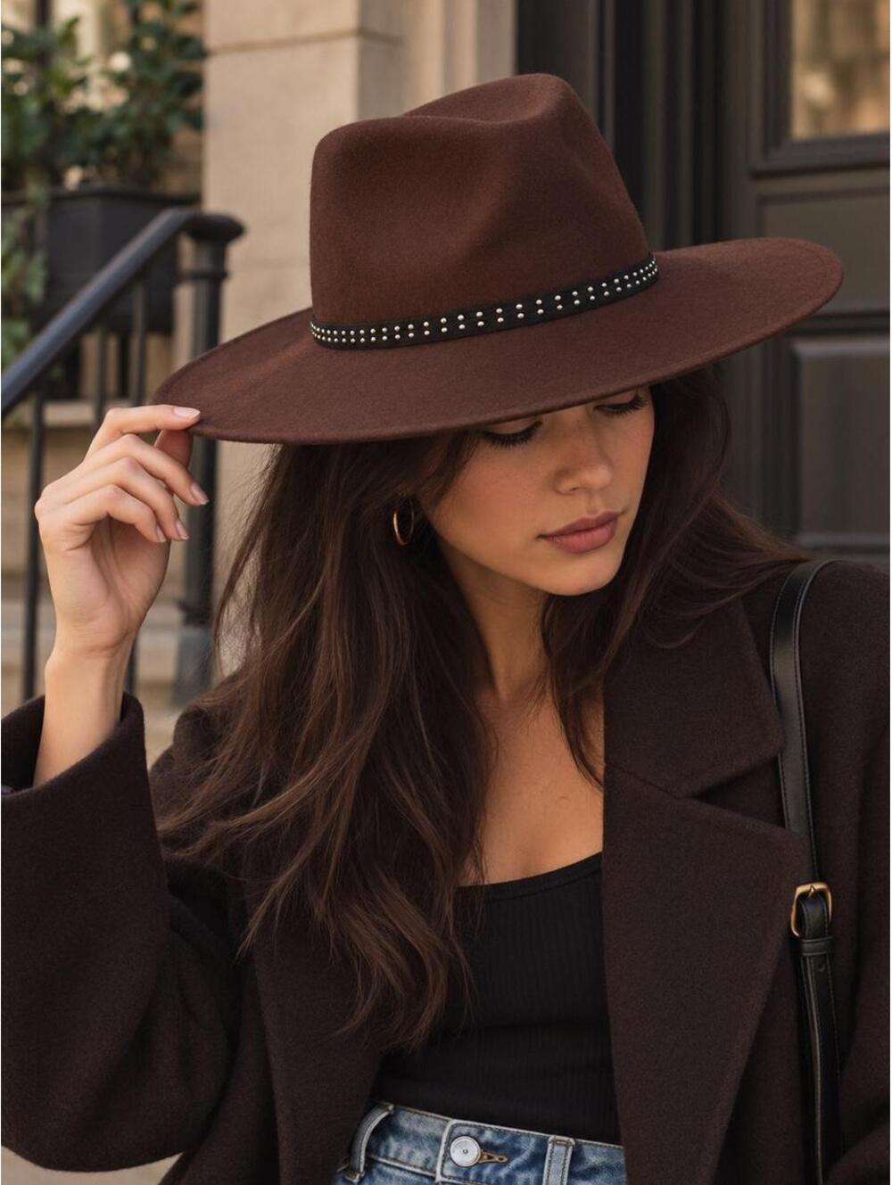 Chocolate Brown 100% Wool Wide Brim Rancher Hat Studded Band
